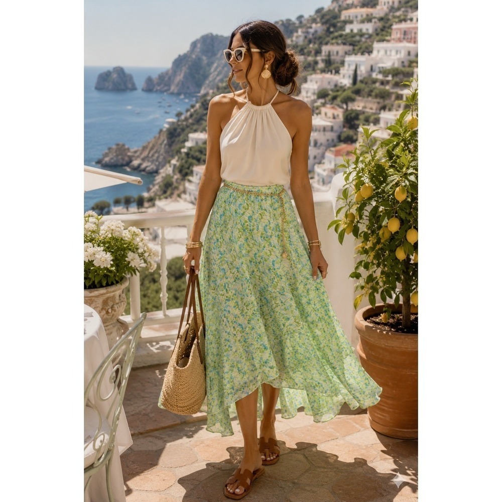 Lane Bryant Green Blue Floral Chiffon High-Low Ruffle Skirt Plus Size 14/16